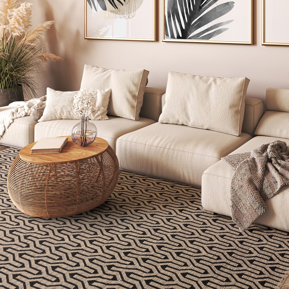 Global Lattice Geometric Jute Rugs in Black & Natural